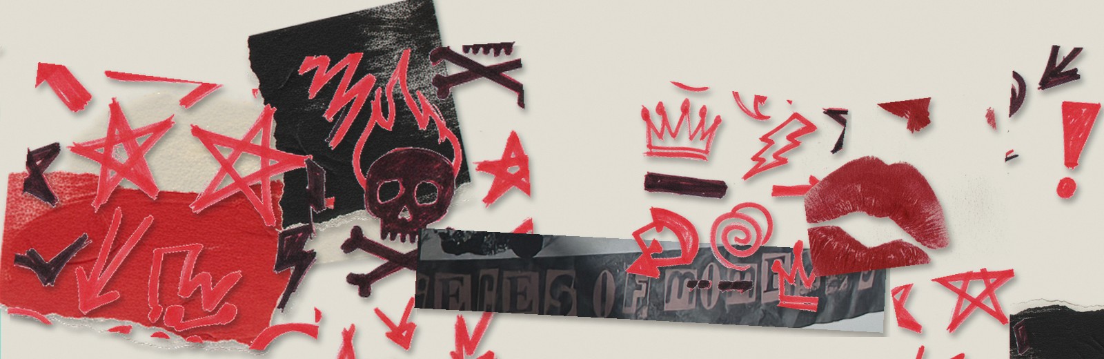 Original Breakbone collage; torn painted paper, marker skulls and stars, a scrap of the Pieces of Moment zine banner