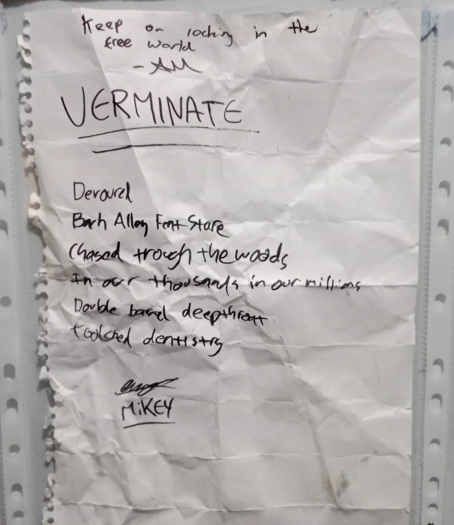 Verminate's handwritten setlist from the Big Takeover, May 2024, signed by Mikey